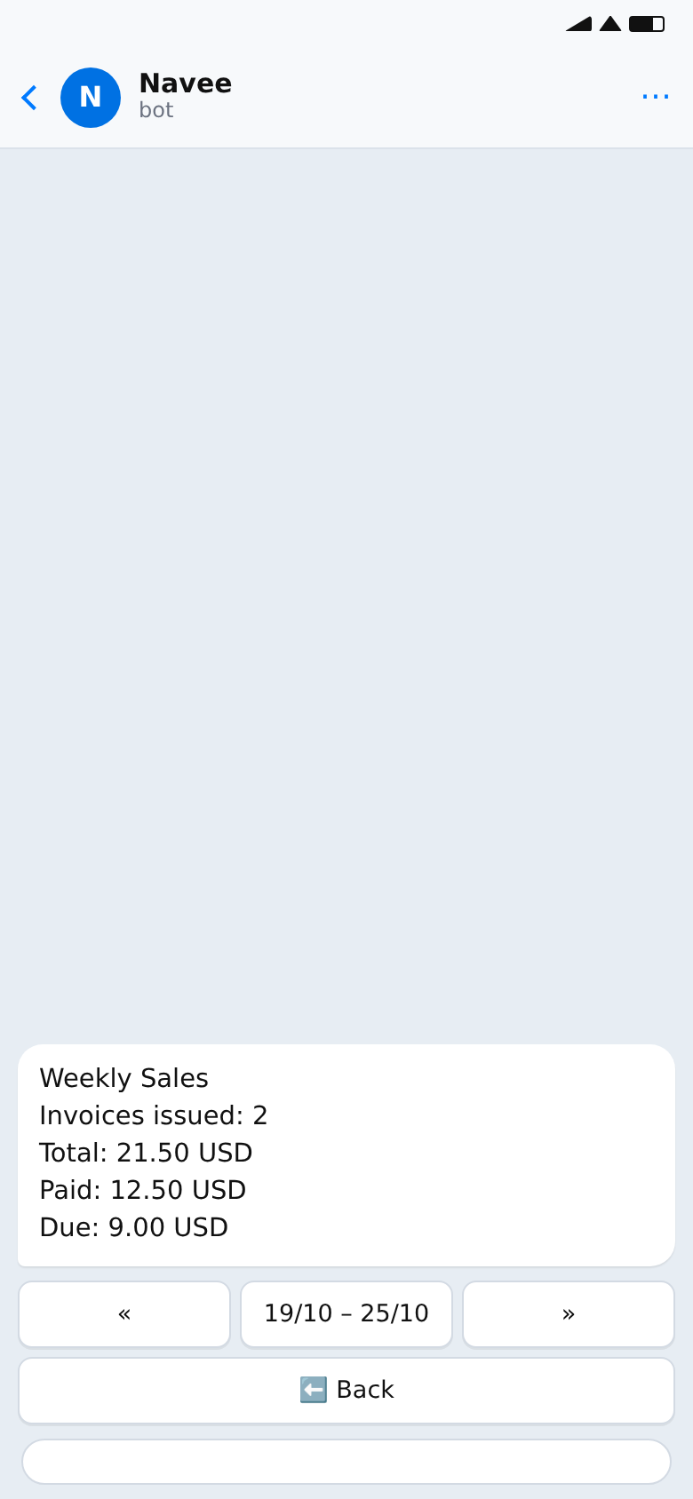 A screen from the Navee bot: the weekly sales report with invoices issued, paid and due.